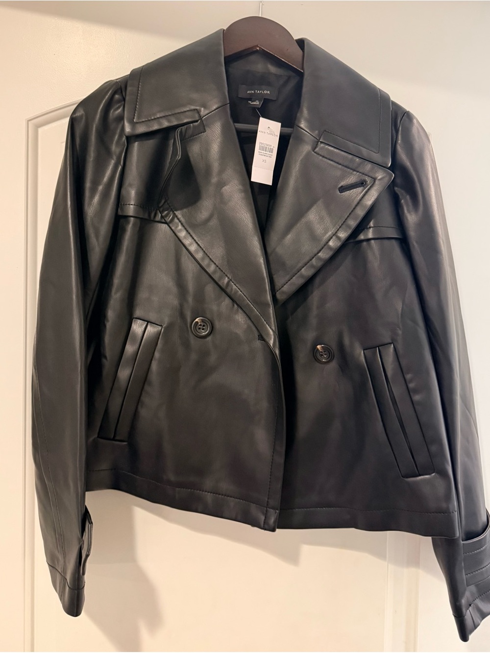 Ann Taylor Black Faux Leather Double-Breasted Peacoat